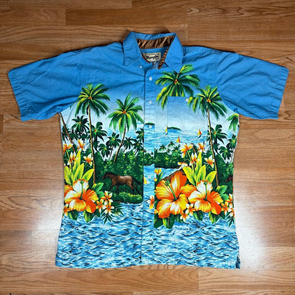 Vintage Wrangler 1947 Mens Size L‎ Shirt Hawaiian Beach Horses Palm Trees RARE